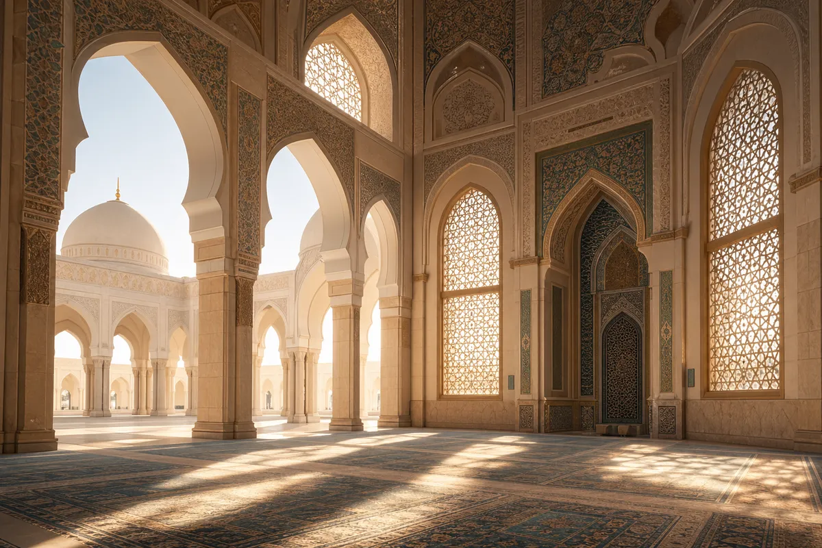 イスラム教の基本的な教義と伝統美術を表現した幾何学的装飾とモスク建築の合成イメージ。