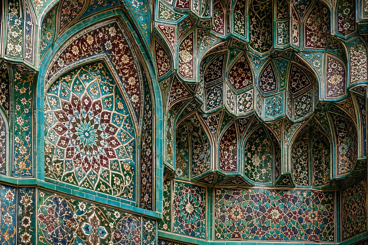 イスラム教の基本的な教義と伝統美術を表現した幾何学的装飾とモスク建築の合成イメージ。