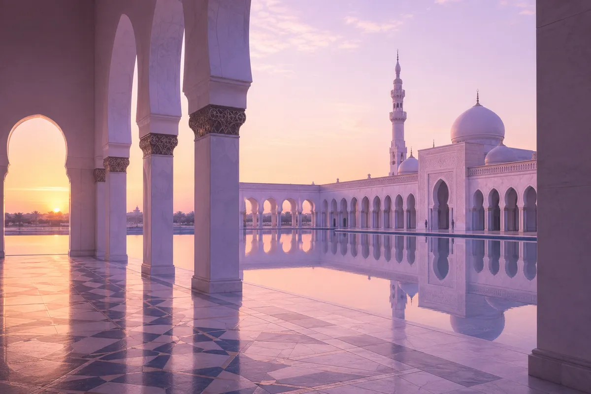 イスラム教の知恵と教義を象徴する幾何学模様と古典的な学問の風景。