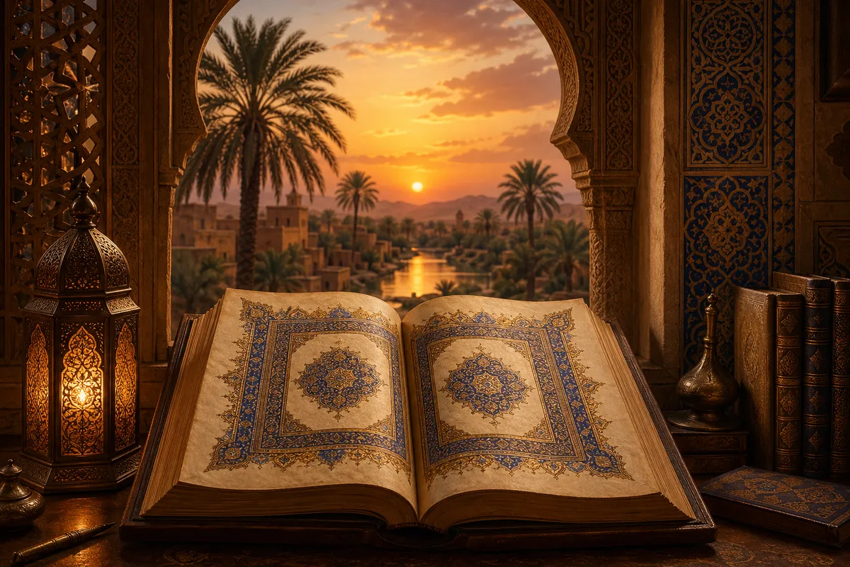 イスラム教の文化的遺産と知恵を表現する幾何学的デザイン、カリグラフィー、歴史的な学問の象徴