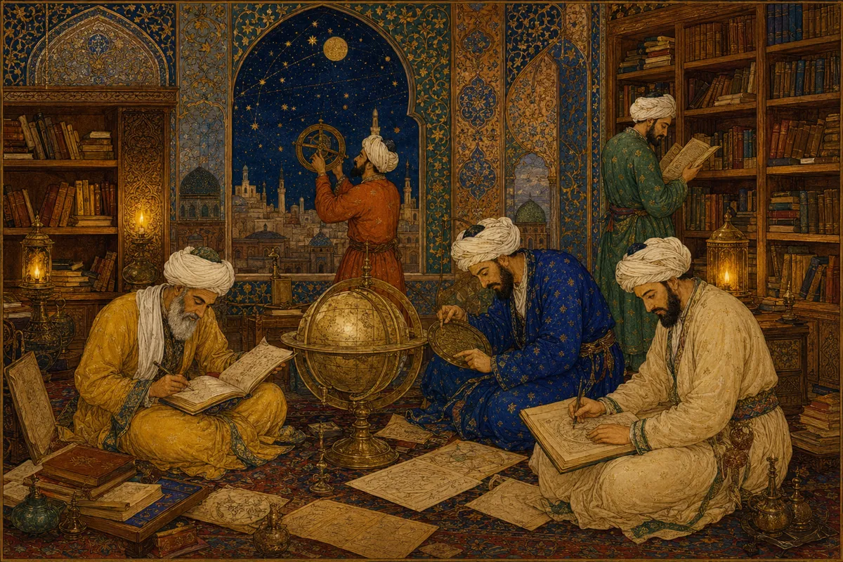 イスラム文明の栄光と知識の歴史を描いた古典的イラスト。
