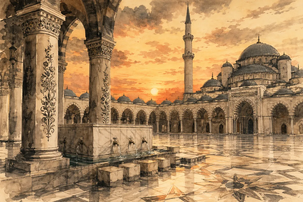 イスラム文明の栄光と知識の歴史を描いた古典的イラスト。