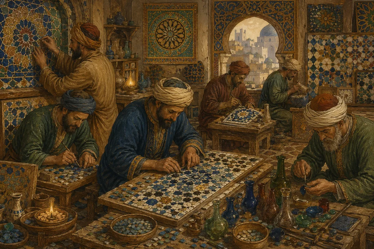 イスラム文明の栄光と知識の歴史を描いた古典的イラスト。