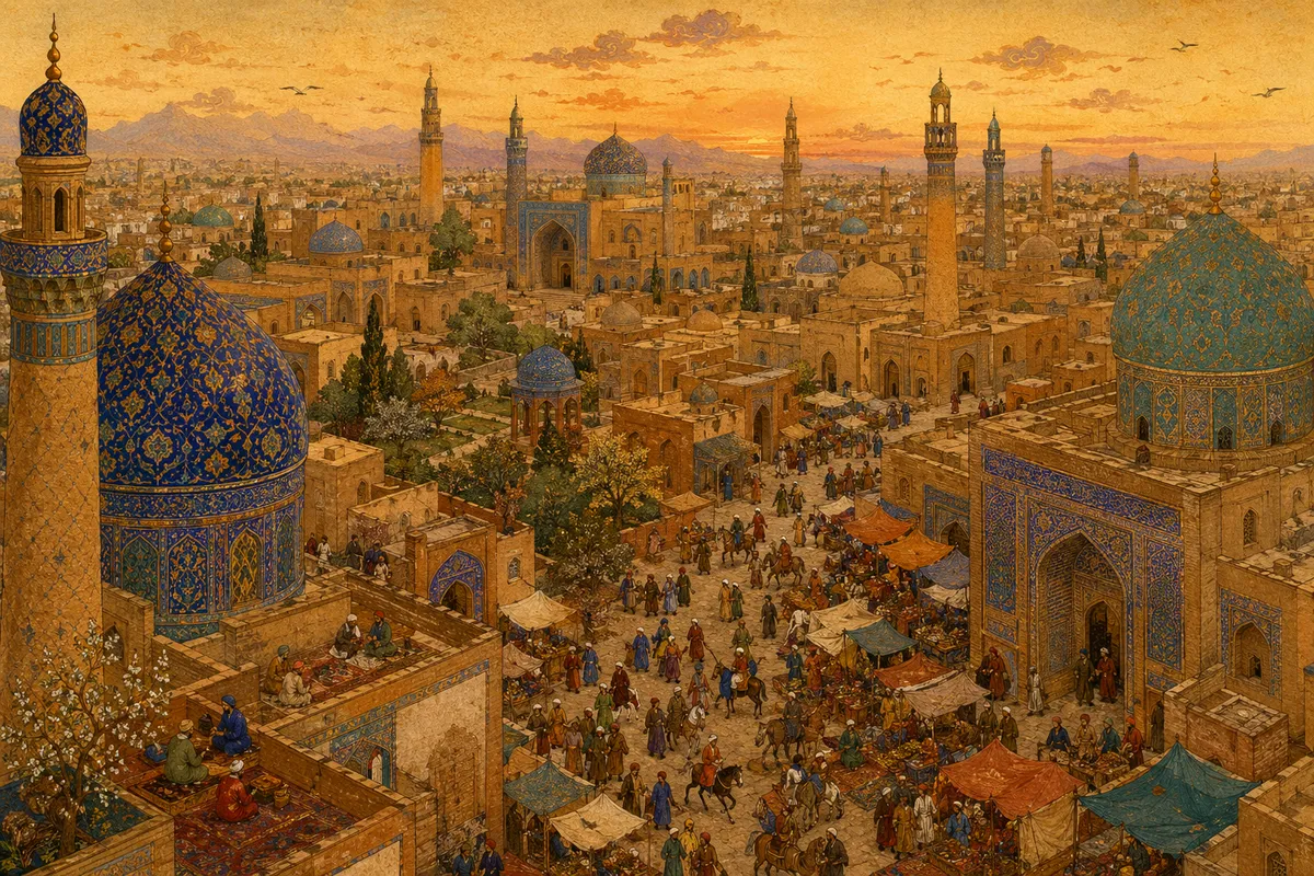 イスラム文明の栄光と知識の歴史を描いた古典的イラスト。