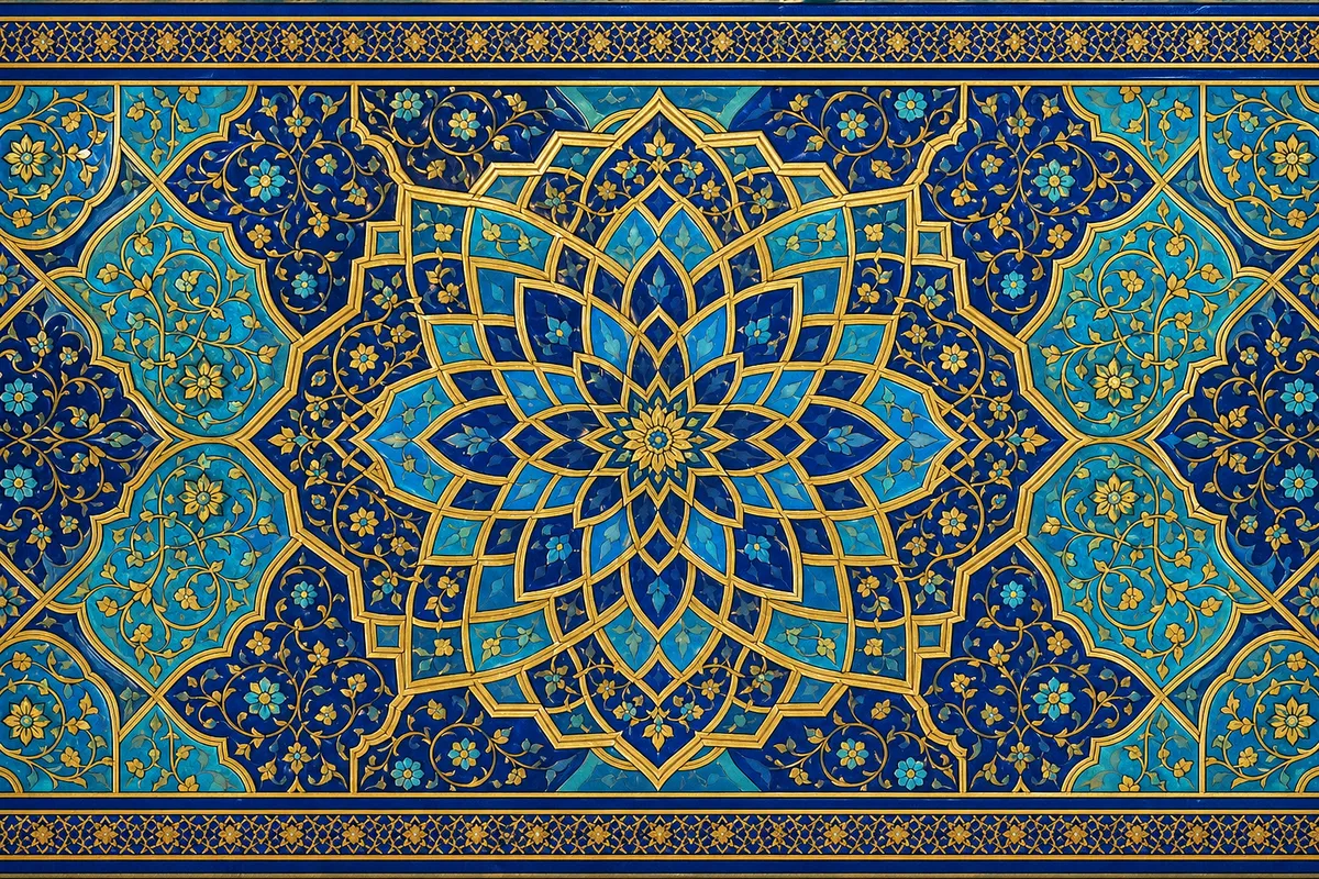 イスラム教の信仰と実践を象徴する幾何学模様と礼拝の雰囲気を表現した画像。