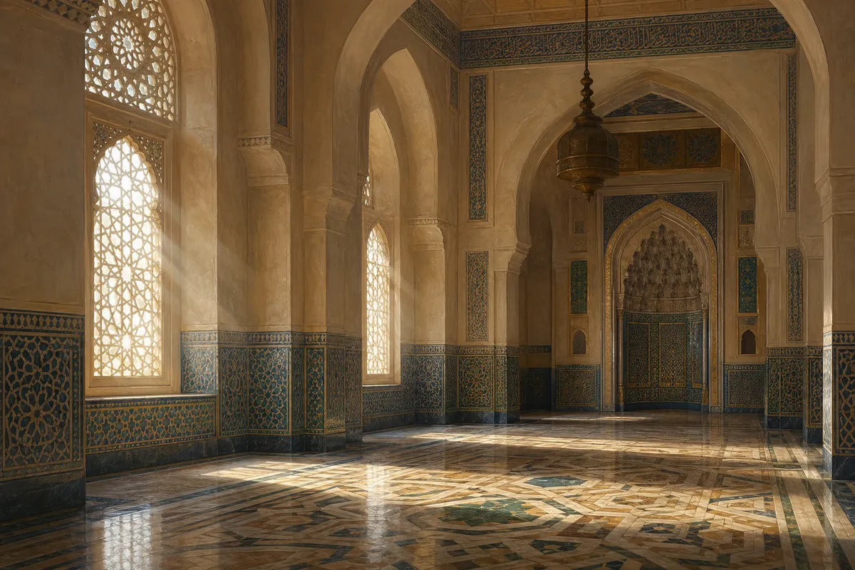 イスラム教の信仰と実践を象徴する幾何学模様と礼拝の雰囲気を表現した画像。