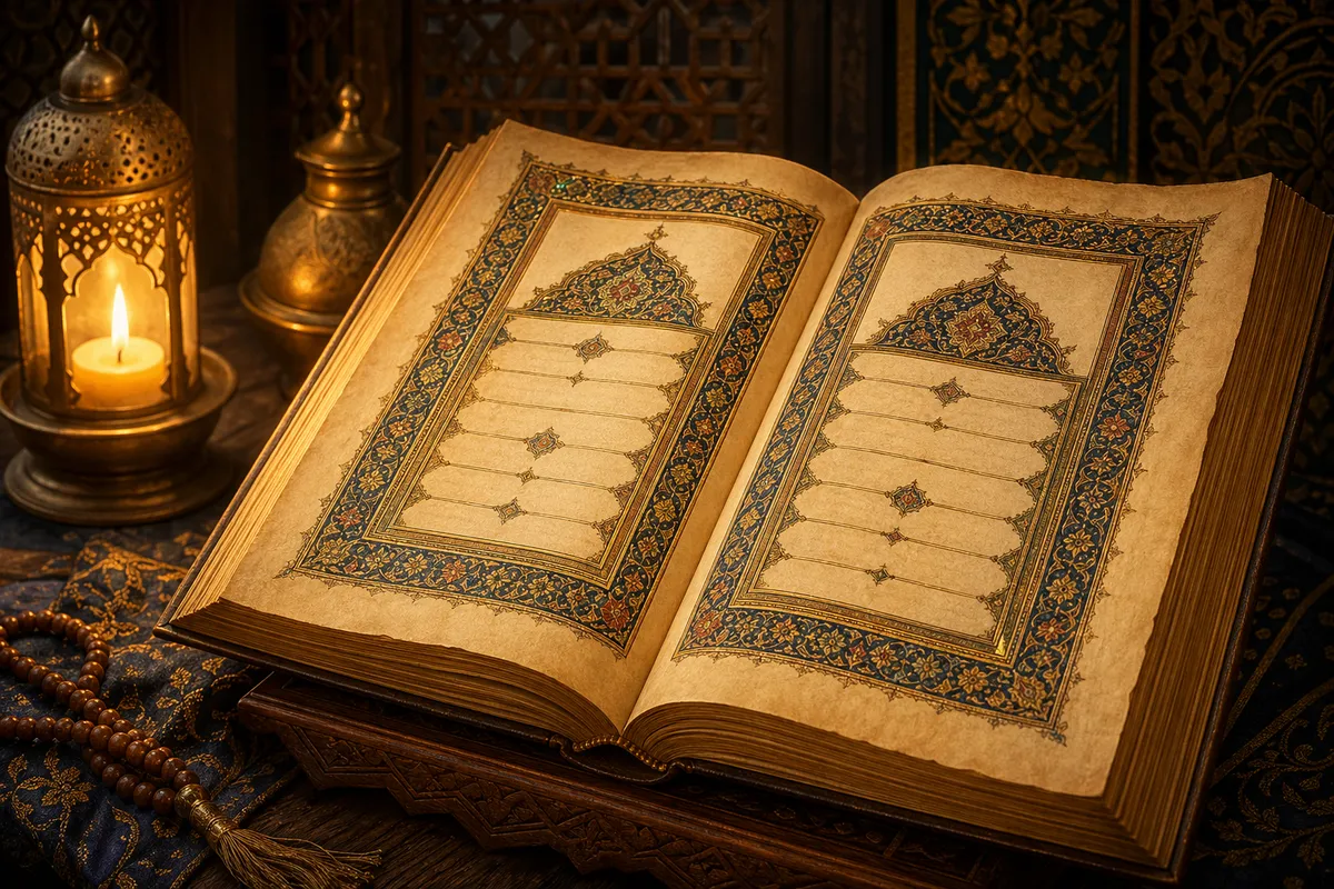 イスラム教の信仰と実践を象徴する幾何学模様と礼拝の雰囲気を表現した画像。