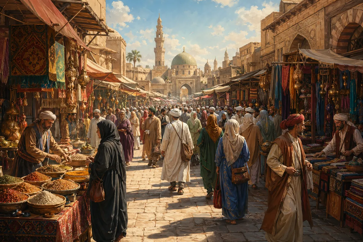 イスラム教の信仰と実践を象徴する幾何学模様と礼拝の雰囲気を表現した画像。