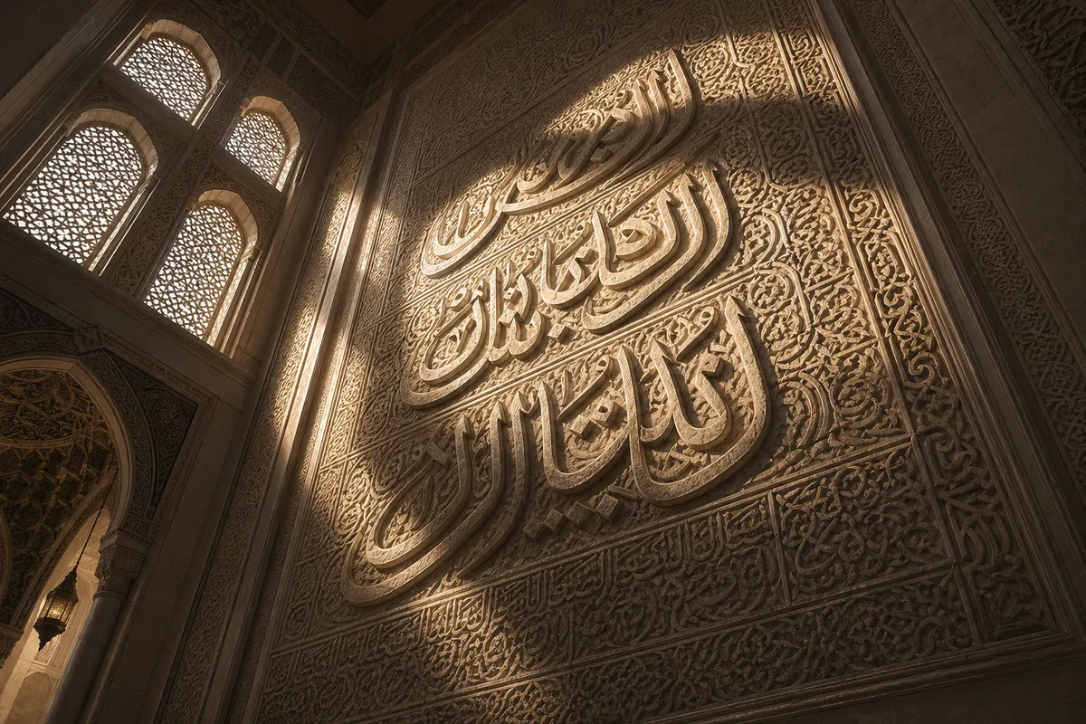 イスラム教の聖典コーランの美しい写本と伝統的な学習環境を描いた画像。