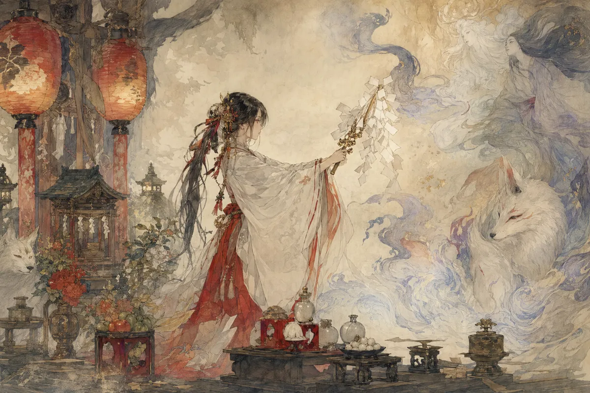 日本の伝統的な神社信仰と神様たちの物語を描いた神秘的なイラスト。