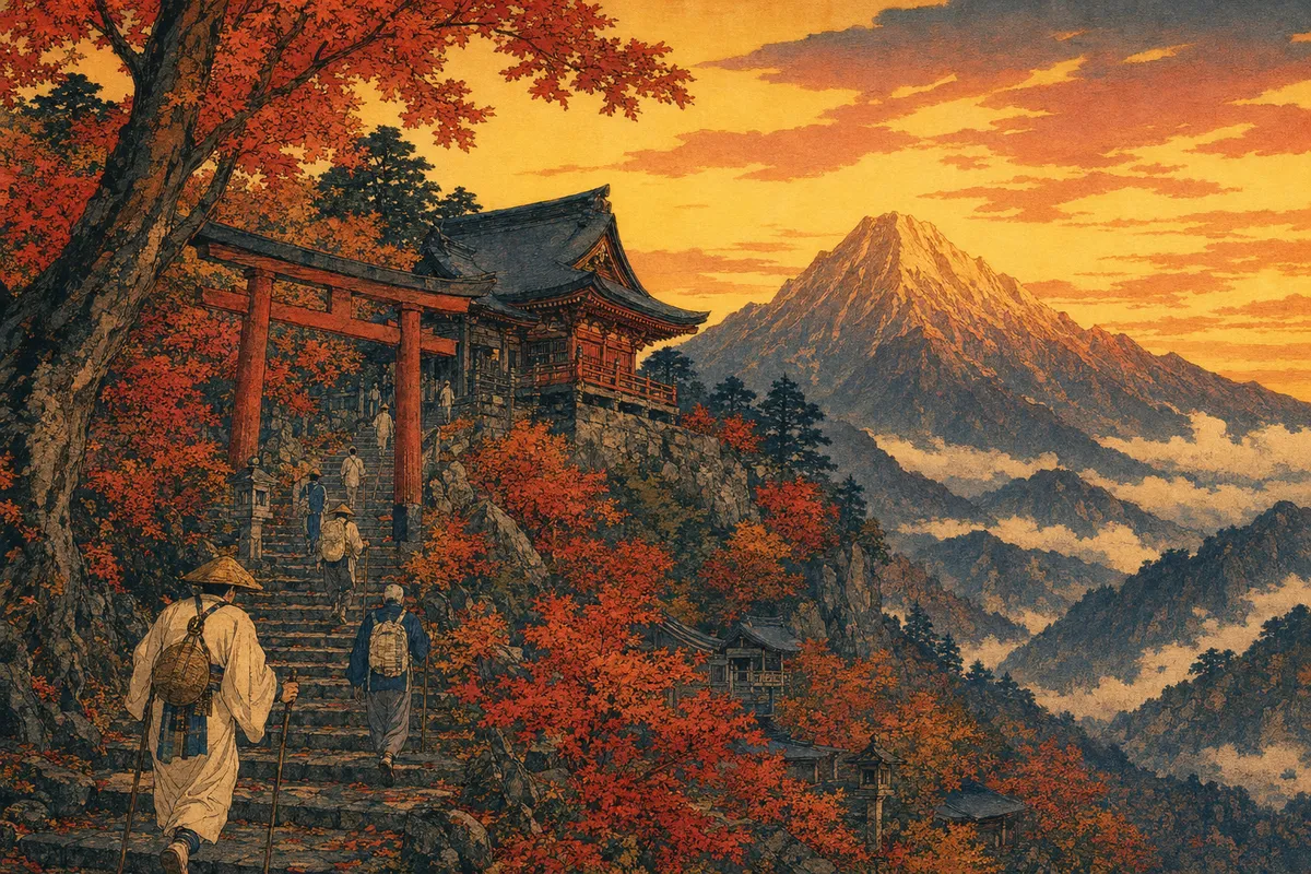 日本の伝統的な神社信仰と神様たちの物語を描いた神秘的なイラスト。