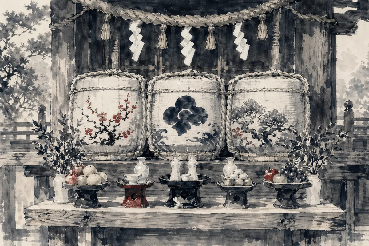 日本の伝統的な神社信仰と神様たちの物語を描いた神秘的なイラスト。