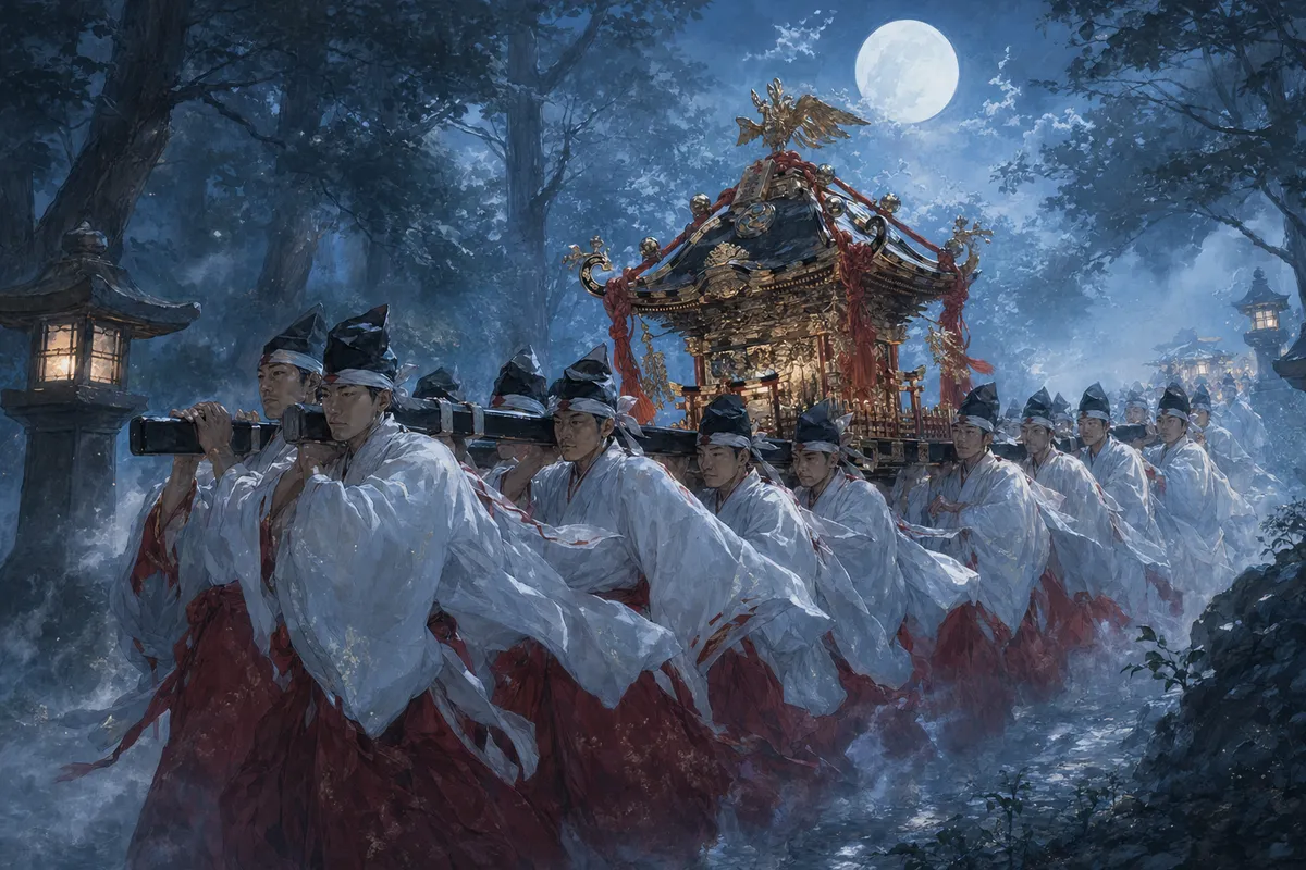 日本の伝統的な神社信仰と神様たちの物語を描いた神秘的なイラスト。