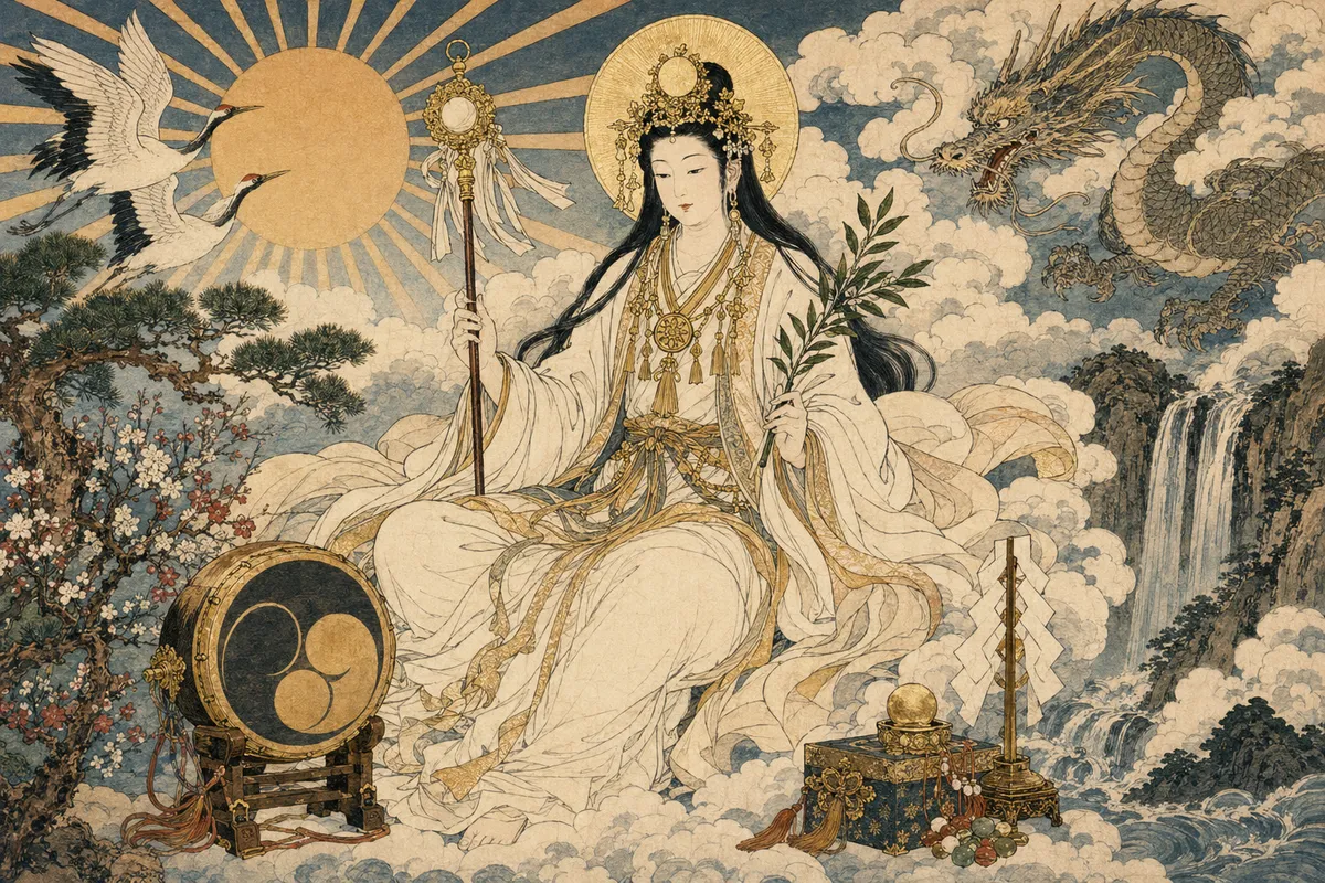 日本神話の神様たちを描いた古典的で神聖な芸術作品。