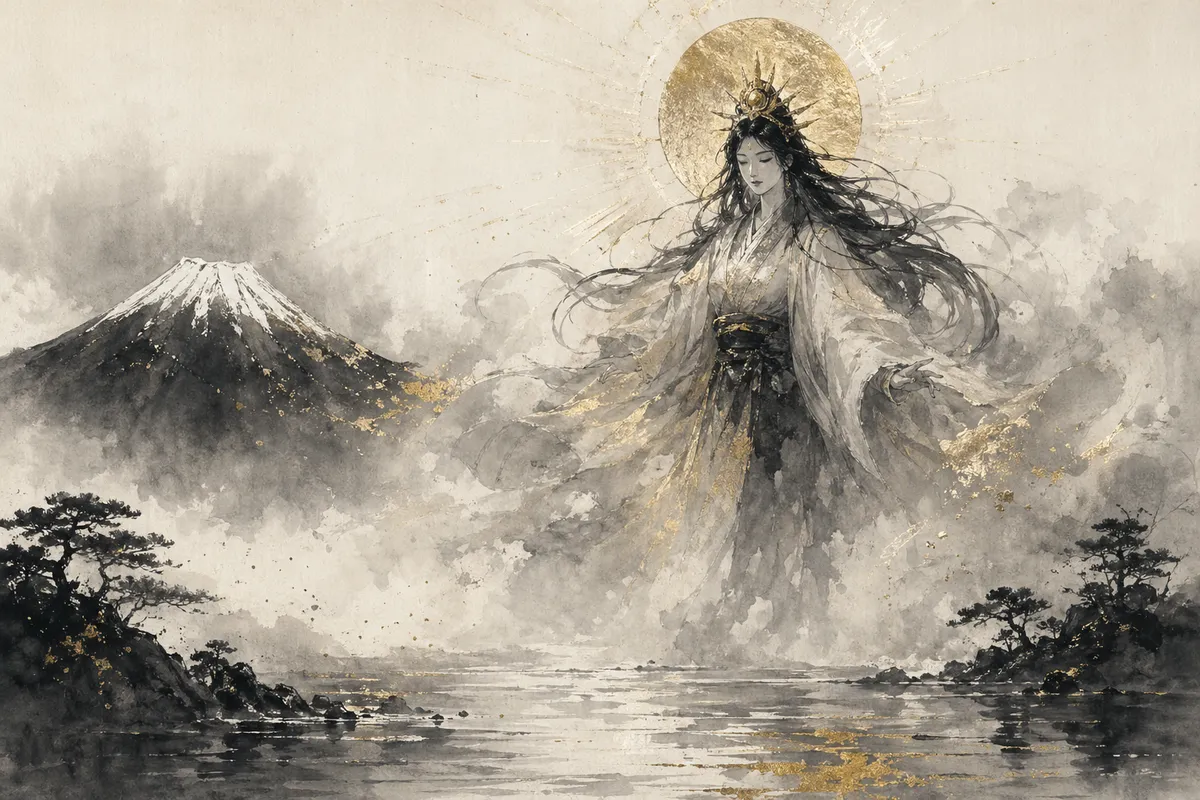 日本神話の神様たちを描いた古典的で神聖な芸術作品。