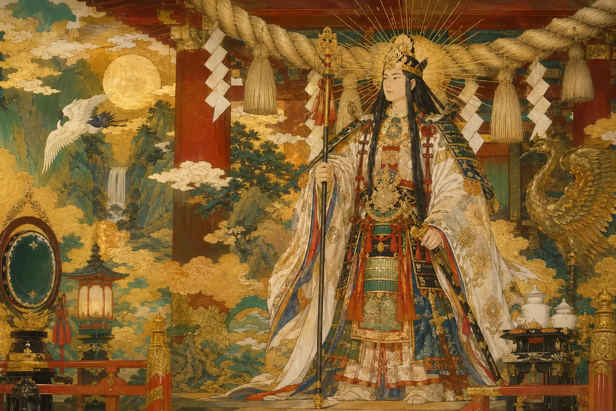 日本神話の神様たちを描いた古典的で神聖な芸術作品。