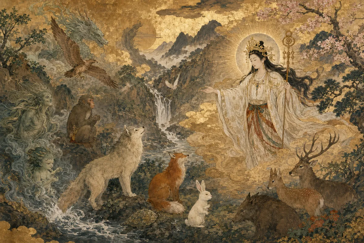 日本神話の神様たちを描いた古典的で神聖な芸術作品。