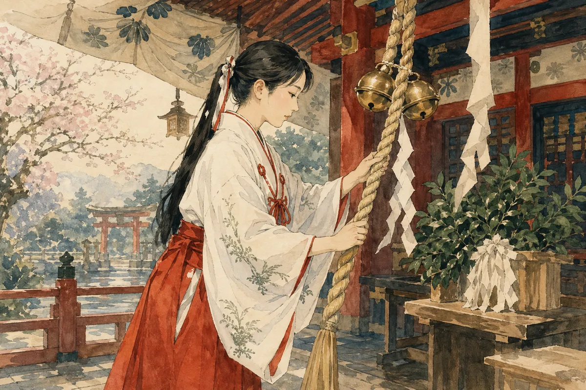 日本の神社での正しい参拝方法と伝統的な礼儀を表現した和風イラスト