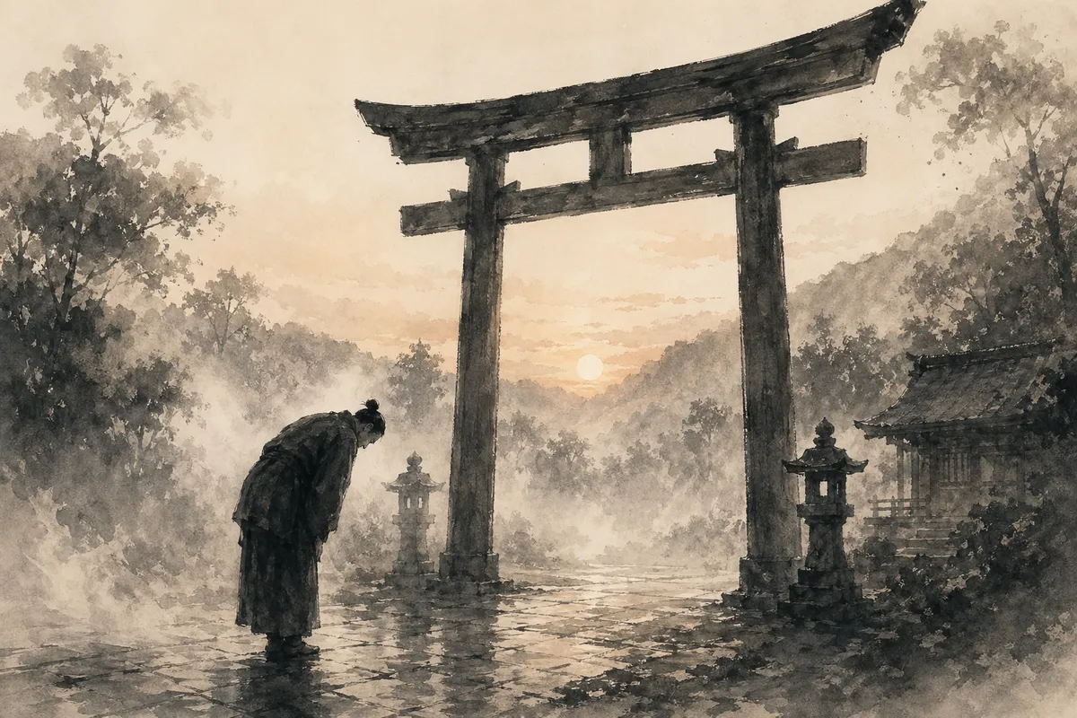 日本の神社での正しい参拝方法と伝統的な礼儀を表現した和風イラスト