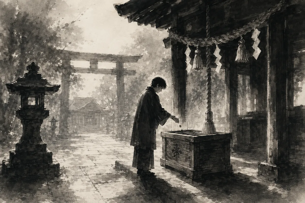 日本の神社での正しい参拝方法と伝統的な礼儀を表現した和風イラスト
