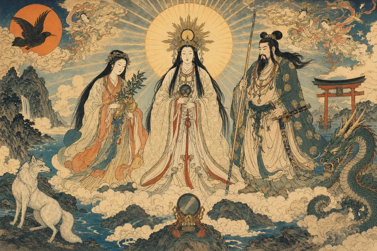 日本の古くからの神話に登場する神々や信仰の世界を描いた伝統的な美しいイラスト