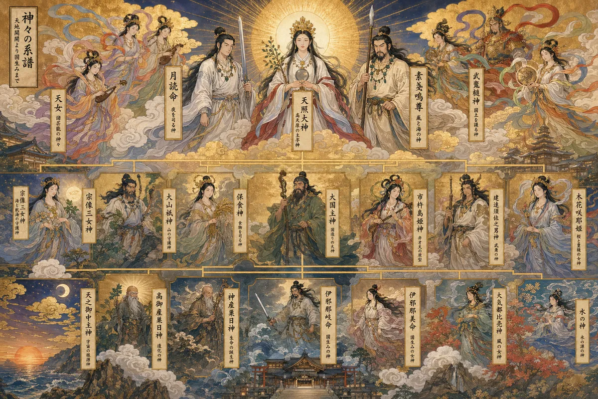 日本の古くからの神話に登場する神々や信仰の世界を描いた伝統的な美しいイラスト