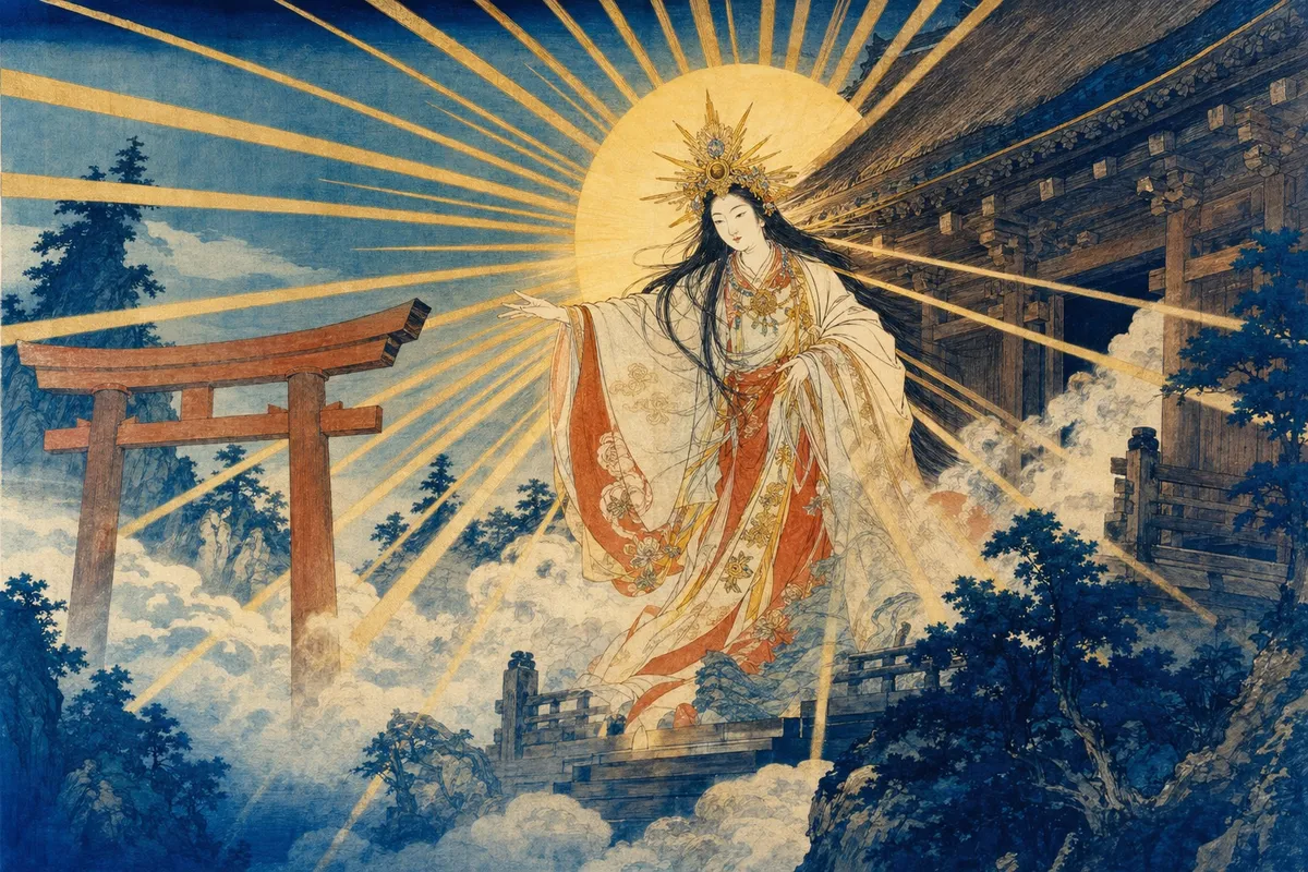 日本の古くからの神話に登場する神々や信仰の世界を描いた伝統的な美しいイラスト