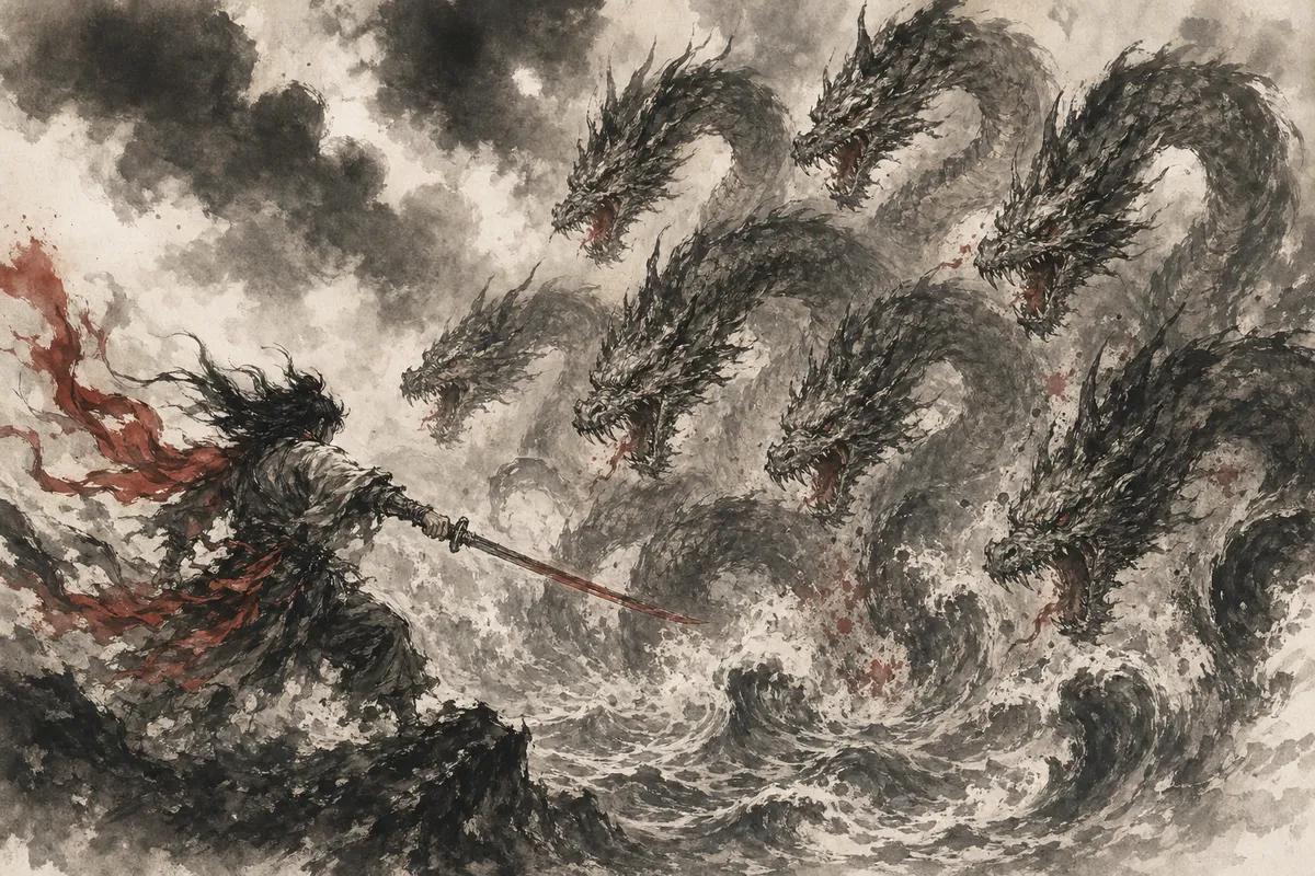 日本の古くからの神話に登場する神々や信仰の世界を描いた伝統的な美しいイラスト