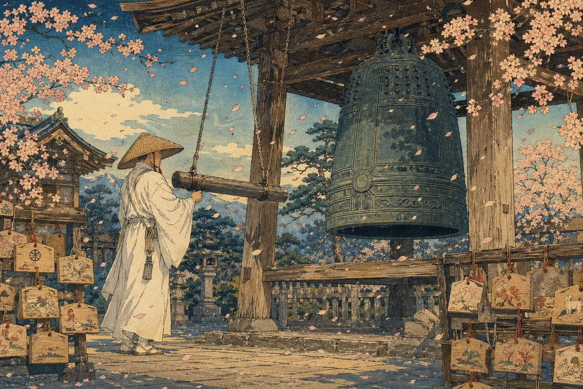 日本の神社への参拝と巡礼の精神的な風景を描いた伝統的な美術作品。