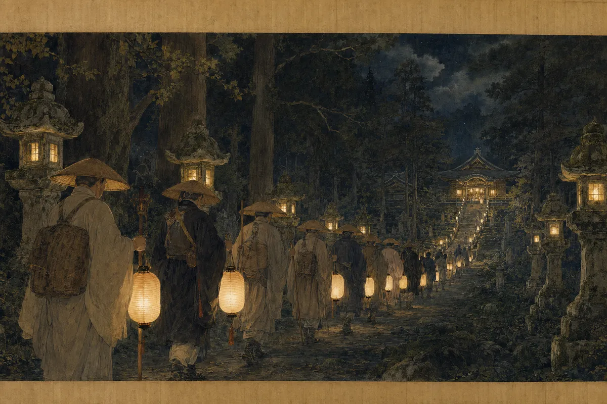 日本の神社への参拝と巡礼の精神的な風景を描いた伝統的な美術作品。