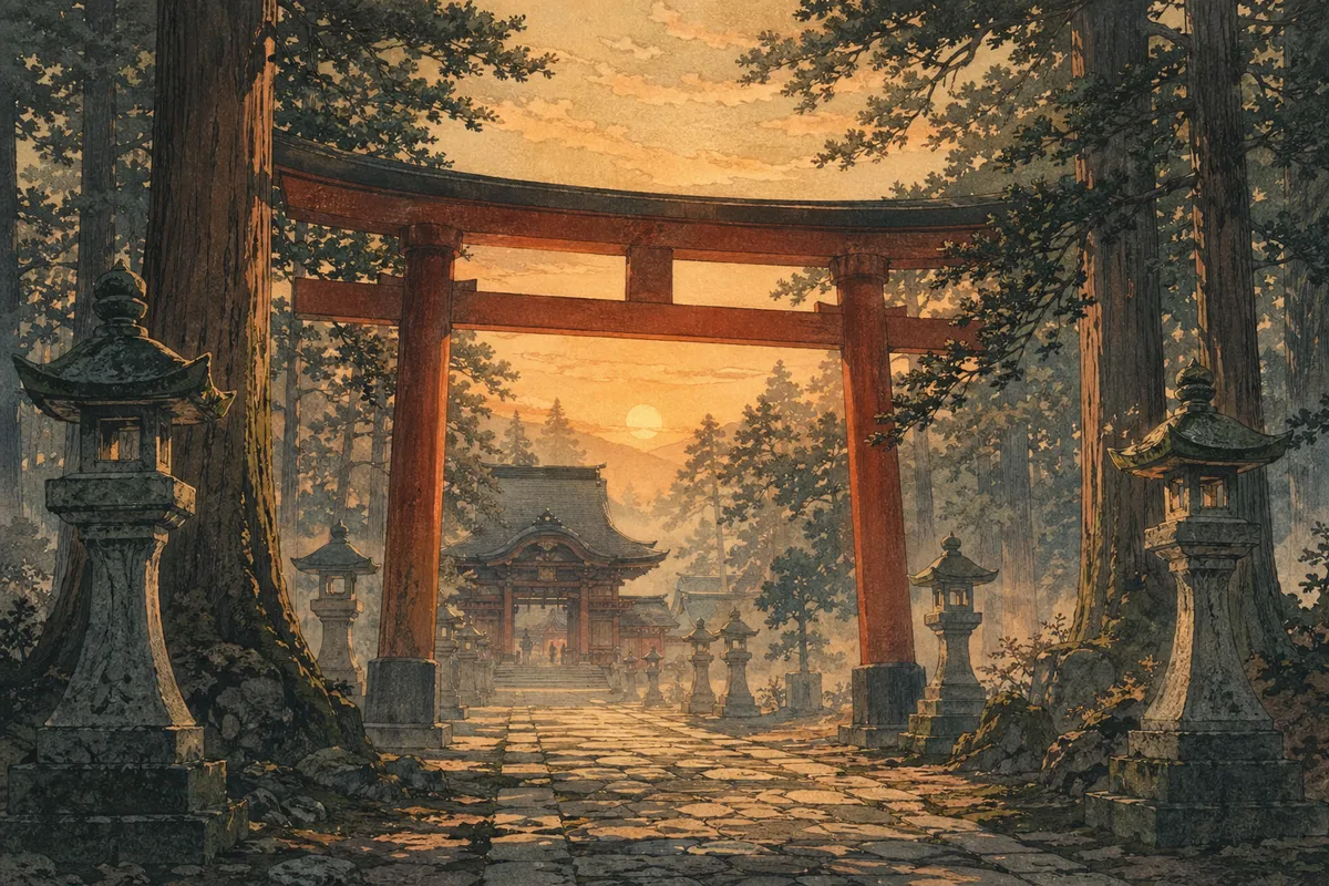 日本の伝統的な神社の建築美と神聖な参拝空間を表現した挿絵