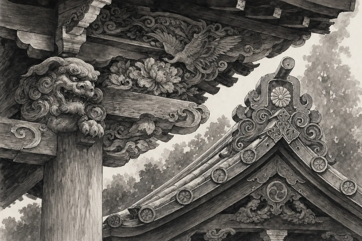 日本の伝統的な神社の建築美と神聖な参拝空間を表現した挿絵