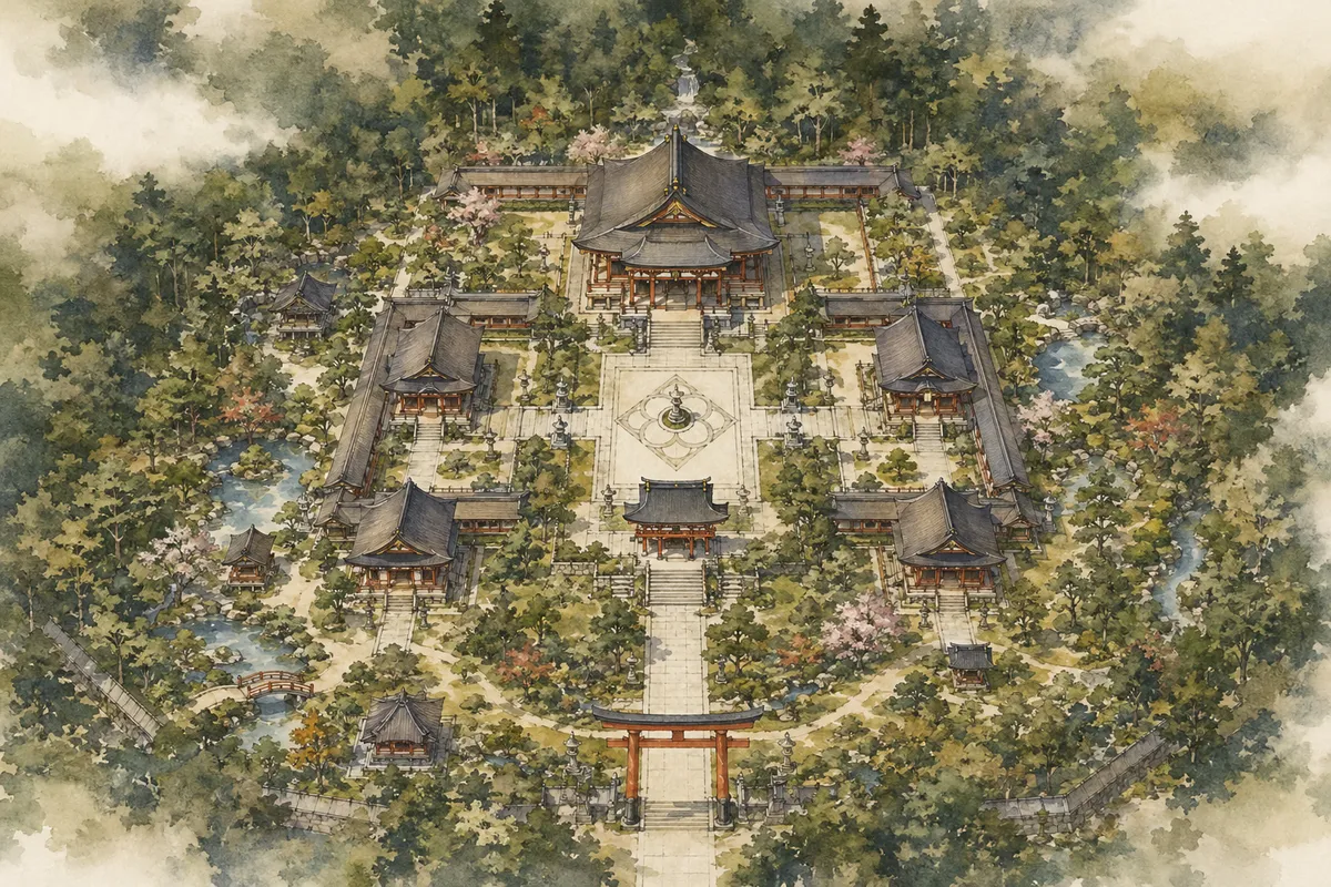 日本の伝統的な神社の建築美と神聖な参拝空間を表現した挿絵
