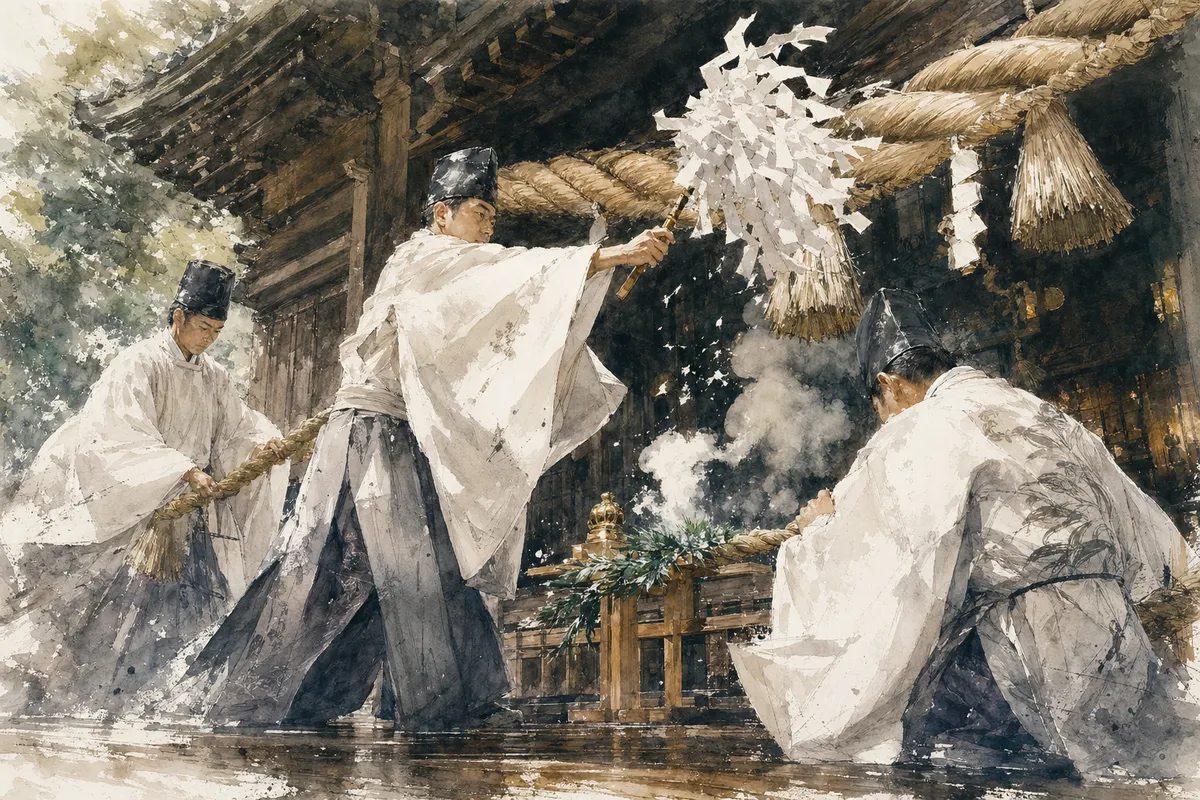 日本の伝統的な神社の建築美と神聖な参拝空間を表現した挿絵