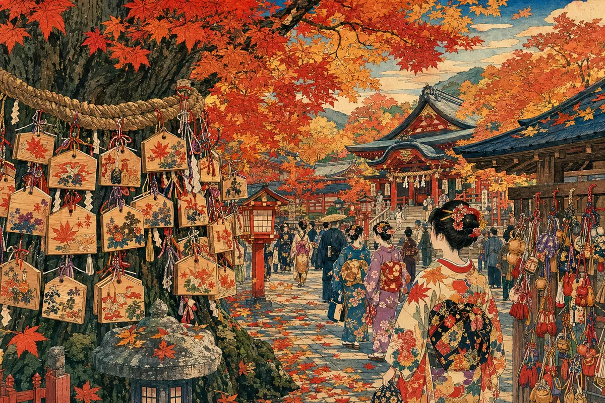 日本の伝統的な神社の建築美と神聖な参拝空間を表現した挿絵