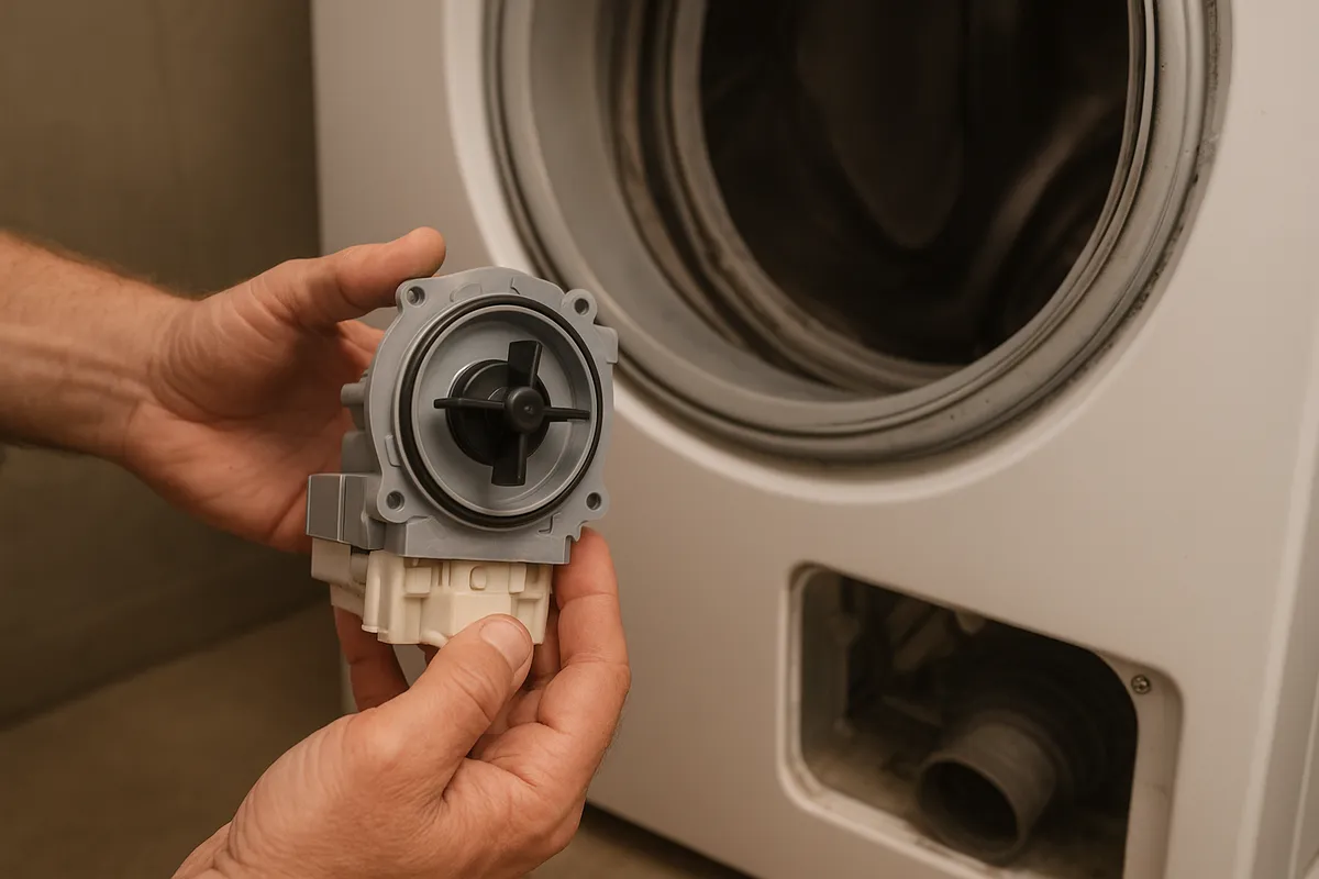 洗濯機のトラブル解決に関する様々な部品と操作方法を示す写真。