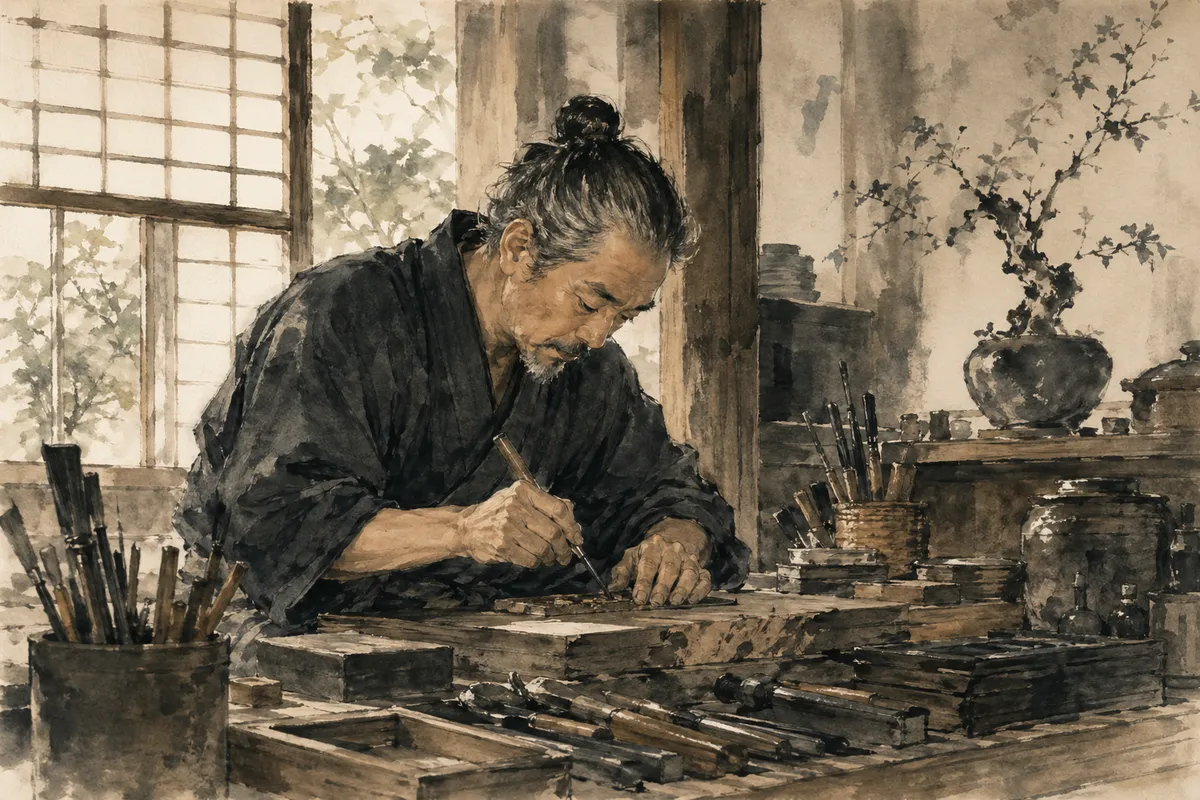 日本の伝統工芸職人が代々受け継がれた技法を用いて精密に作品を制作している情景