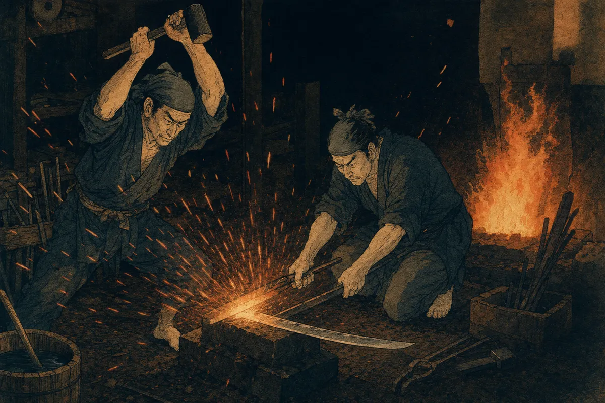 日本の伝統工芸職人が代々受け継がれた技法を用いて精密に作品を制作している情景