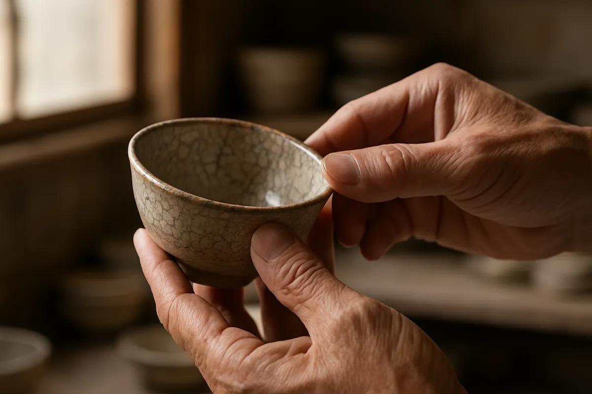 日本の伝統工芸品を鑑賞し、質と技法を見極めるためのガイド的シーン。