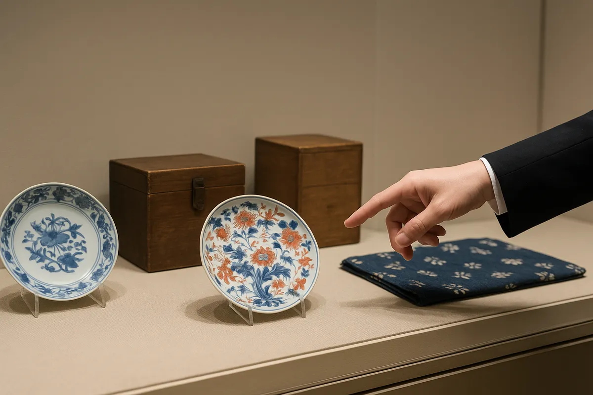 日本の伝統工芸品を鑑賞し、質と技法を見極めるためのガイド的シーン。