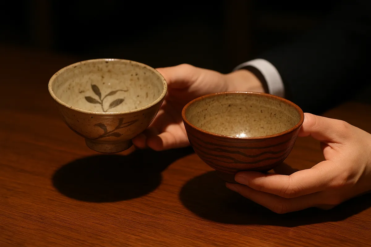 日本の伝統工芸品を鑑賞し、質と技法を見極めるためのガイド的シーン。