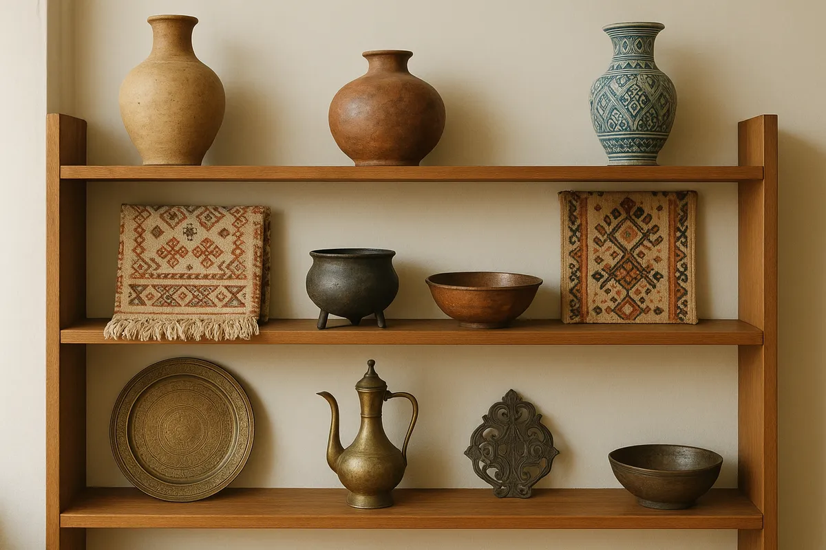 日本の伝統工芸産地で職人が手作業で工芸品を製作する様子と完成品の展示風景