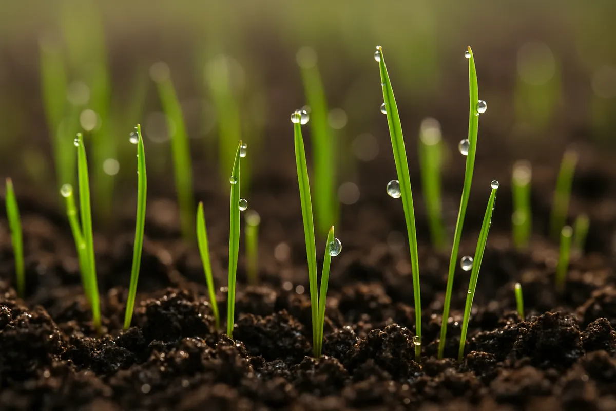 住宅の庭に芝生を正しく植え付けている様子を段階的に示した画像。