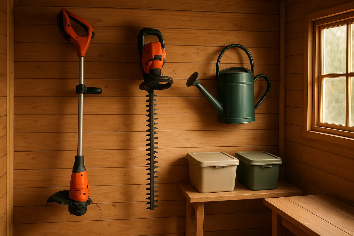 芝生管理に必要な各種工具と資材が揃った風景