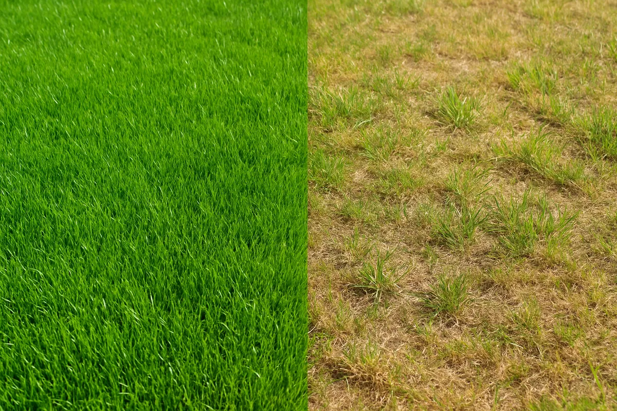 芝生の病気や枯れなどの一般的なトラブルの症状と診断方法を示す写真
