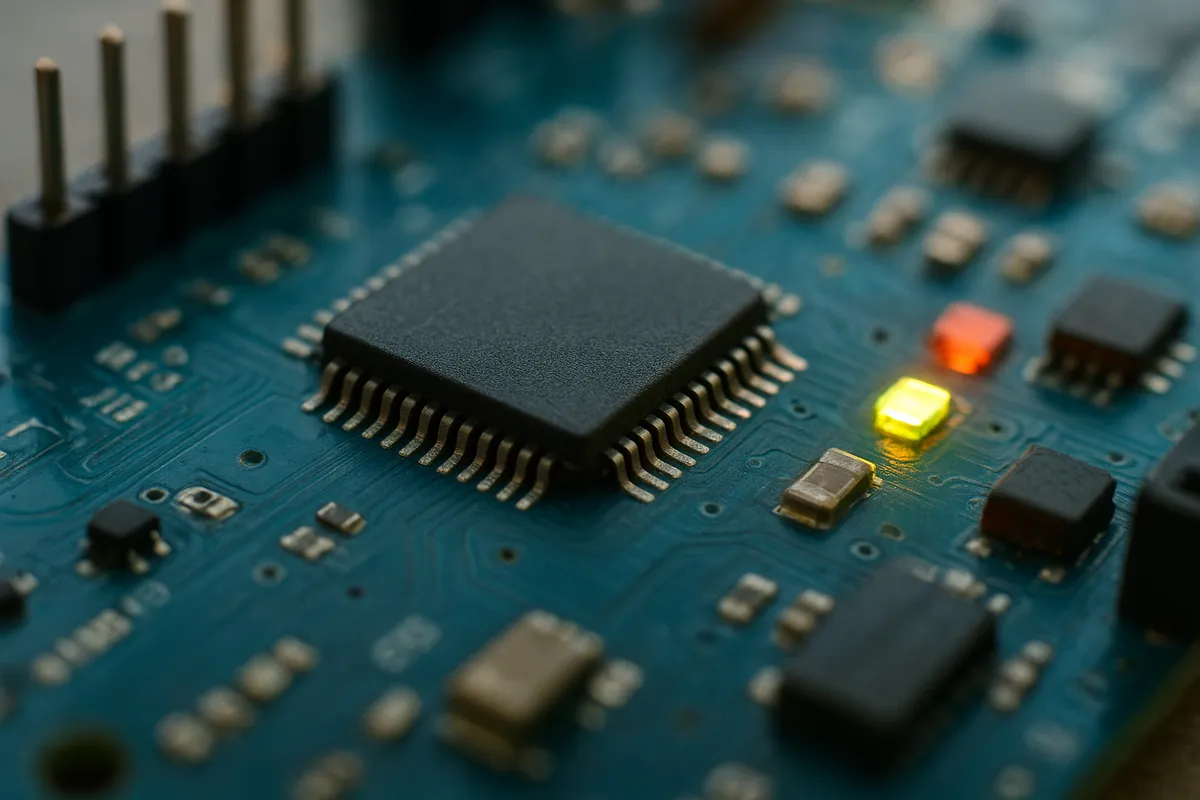 ArduinoマイコンボードとLEDやセンサーなどの電子部品を使った電子工作キットの写真。