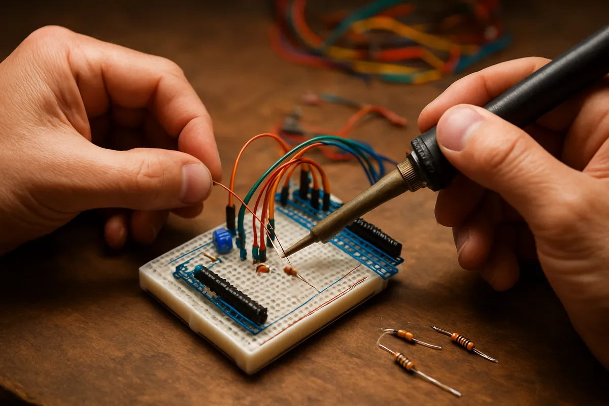 ArduinoマイコンボードとLEDやセンサーなどの電子部品を使った電子工作キットの写真。
