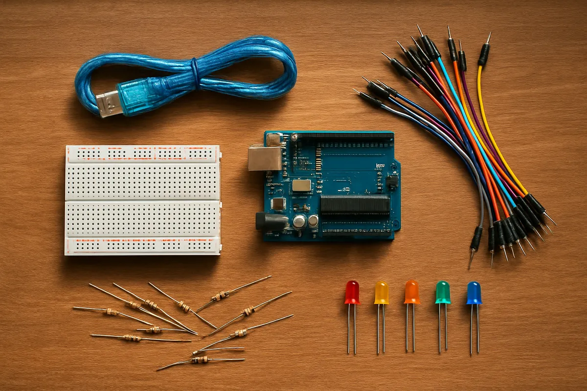 ArduinoマイコンボードとLEDやセンサーなどの電子部品を使った電子工作キットの写真。