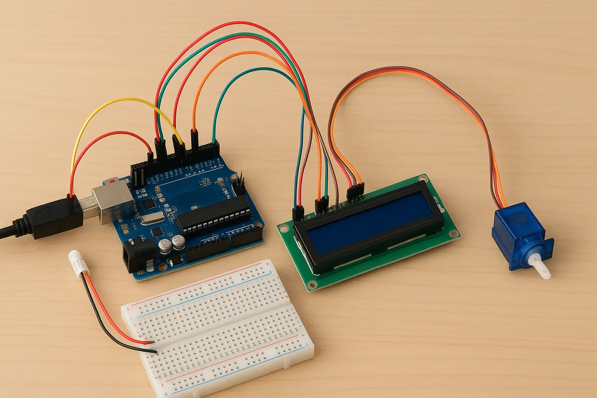 ArduinoマイコンボードとLEDやセンサーなどの電子部品を使った電子工作キットの写真。