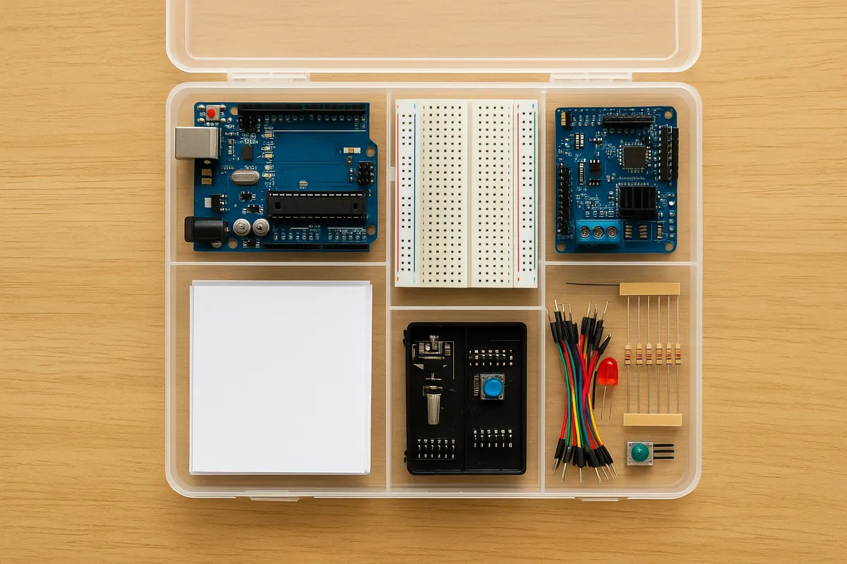 ArduinoマイコンボードとLEDやセンサーなどの電子部品を使った電子工作キットの写真。